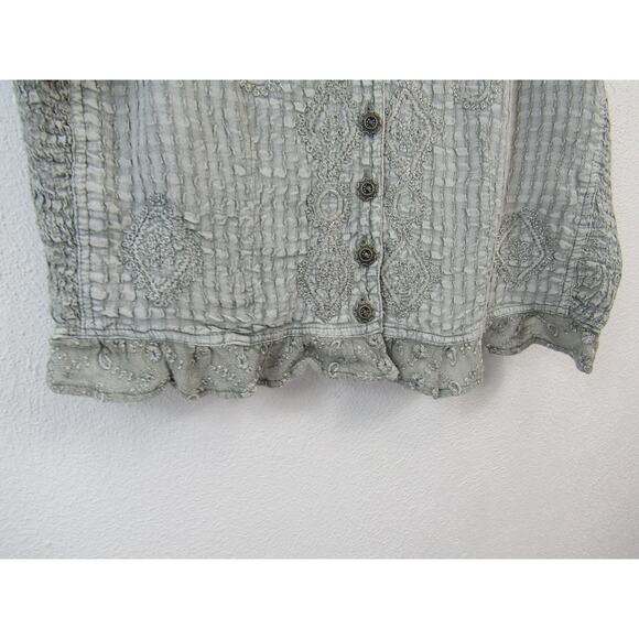 Tera Bora Grey Textured Cropped Tank Top Button Front Embroidery Ruffles XL - Picture 5 of 7